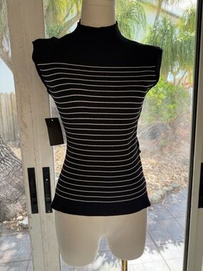 The Workshop Black & White Striped Cap-Sleeve Knit Top NWT